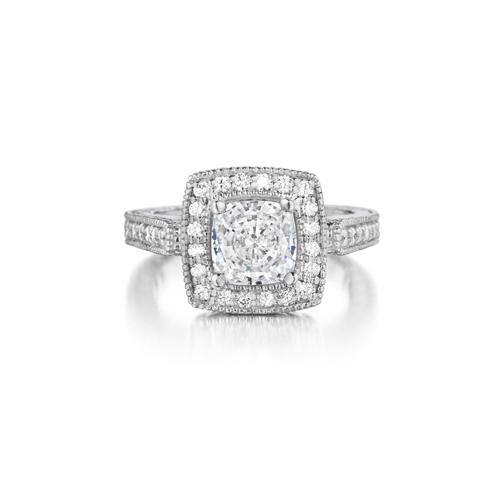 14KT 3/8CT Diamond Square Halo Round Center Vintage Engagement Ring (Semi-Mount) - DiamondsOnCredit